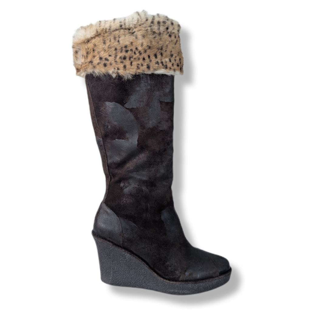 Donald J. Pliner Brown Distressed Leather Wedge Tall Knee High Boots